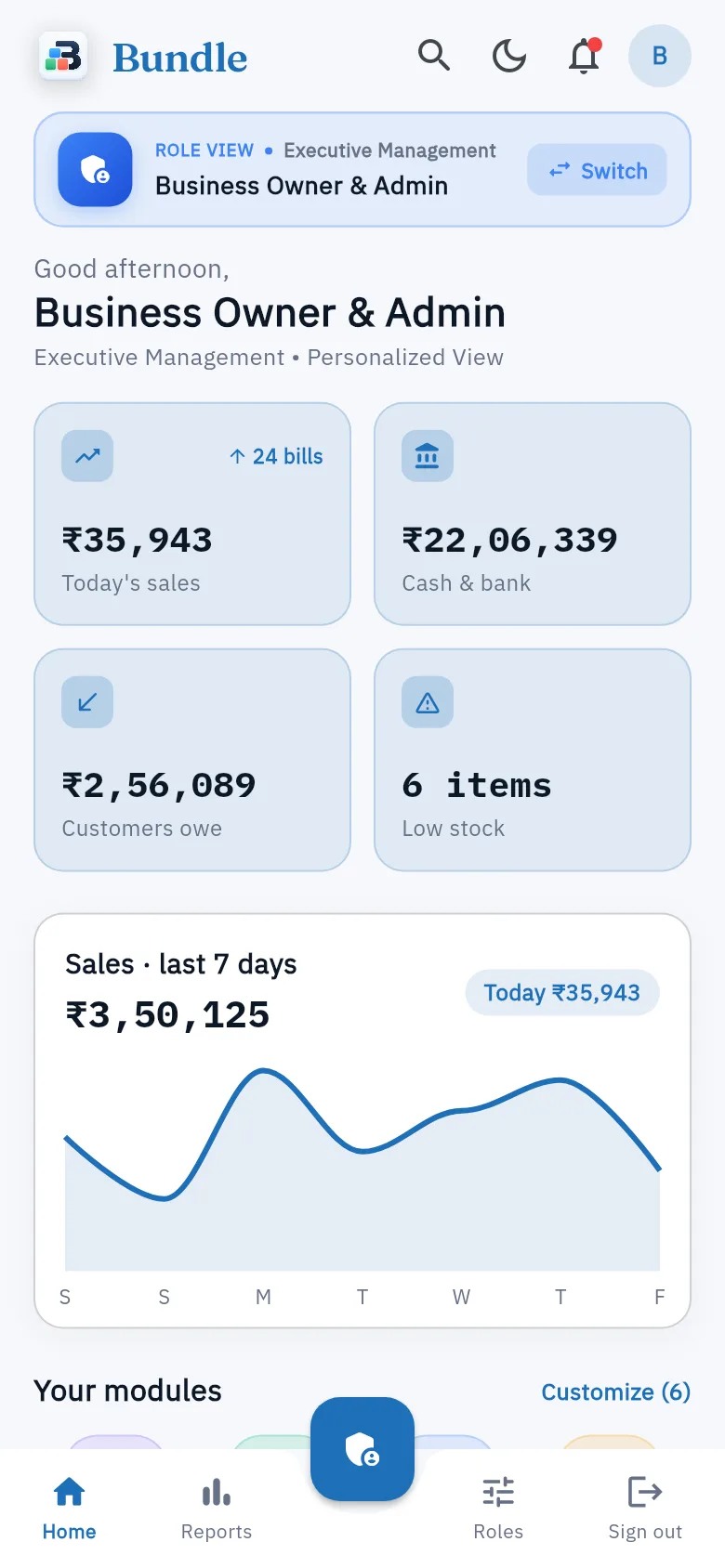 ERPBundle overview in light mode with demo data